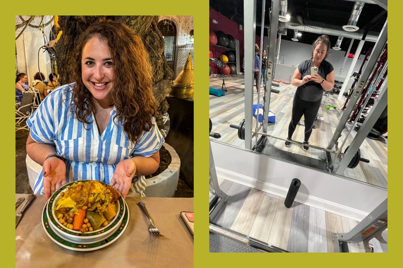 Two side-by-side photos of Sarah Bisacca eating dinner and working out.